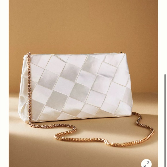 Melie Bianco White Satin Clutch with Gold Chain - Picture 1 of 4